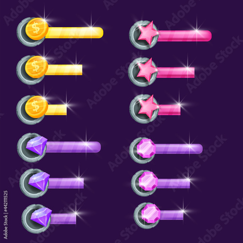 Game progress bar vector illustration, cartoon graphic user interface, golden coin, stars, gem stone. Level energy, player power charger design element set. Game bar collection, mobile app objects
