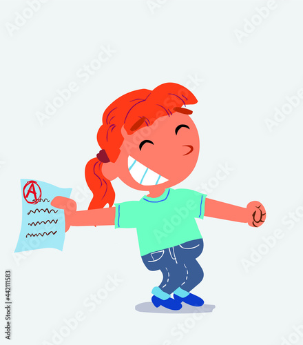 happy cartoon character of little girl on jeans rejoices with exam in hand