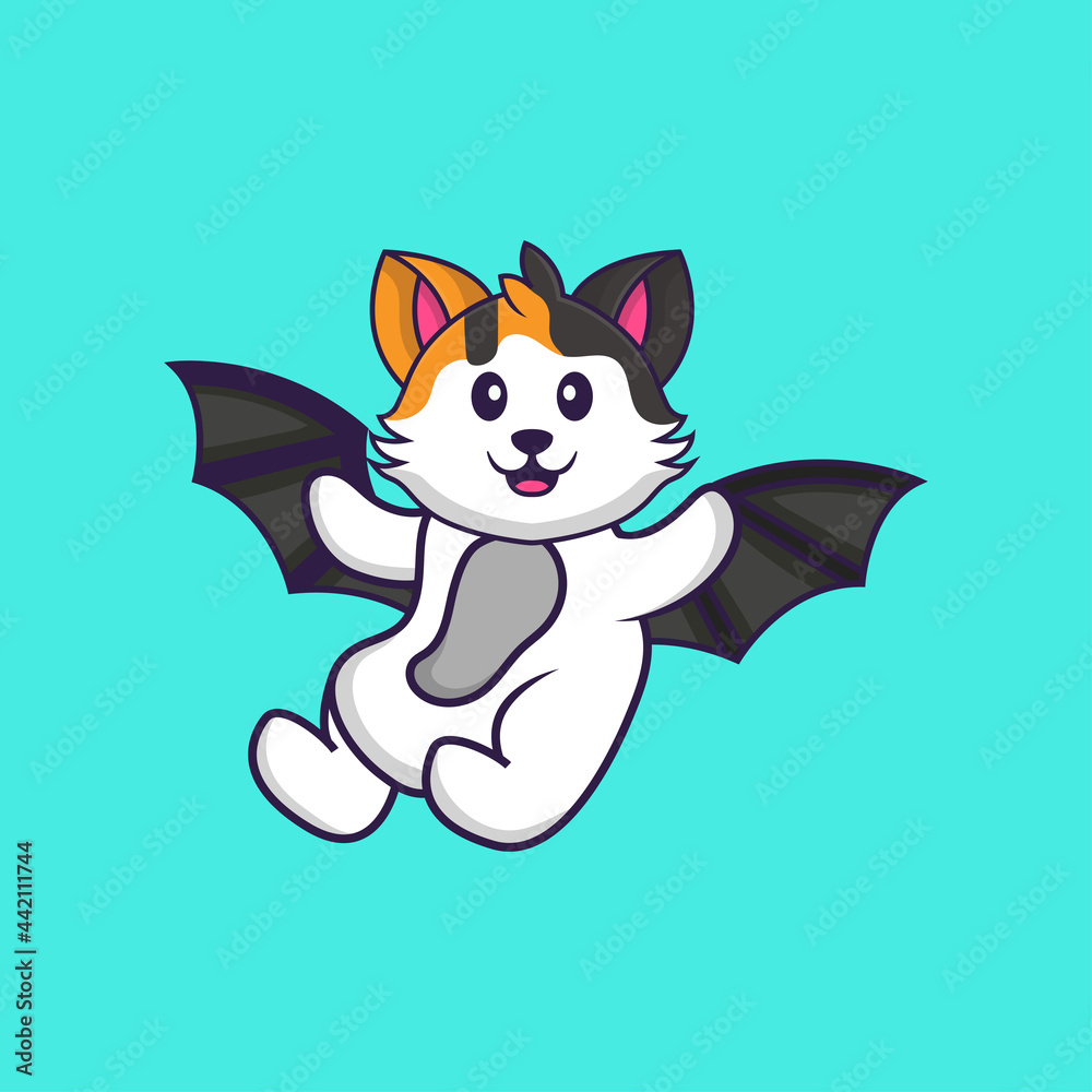 Fototapeta premium Cute cat is flying with wings. Animal cartoon concept isolated. Can used for t-shirt, greeting card, invitation card or mascot. Flat Cartoon Style