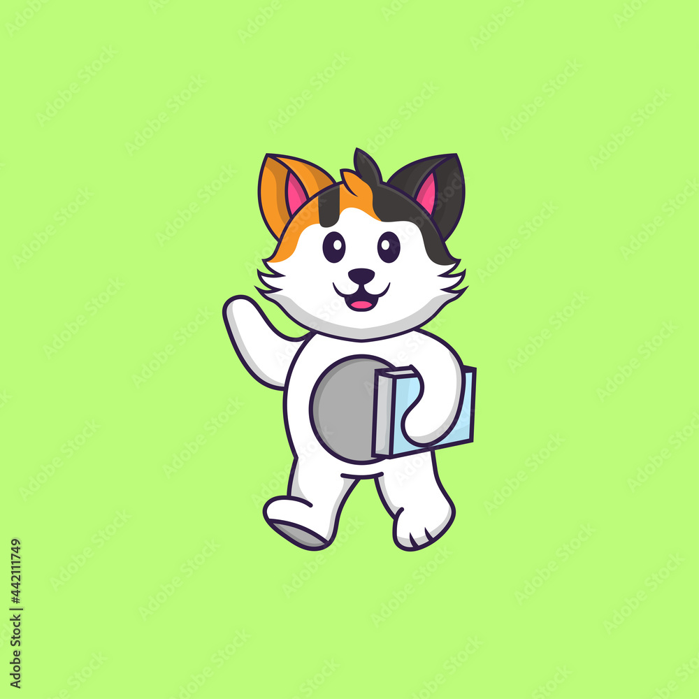 Cute cat holding a book. Animal cartoon concept isolated. Can used for t-shirt, greeting card, invitation card or mascot. Flat Cartoon Style Cute cat holding a book. Animal cartoon concept isolated. Can used for t-shirt, greeting card, invitation card or mascot. Flat Cartoon Style
