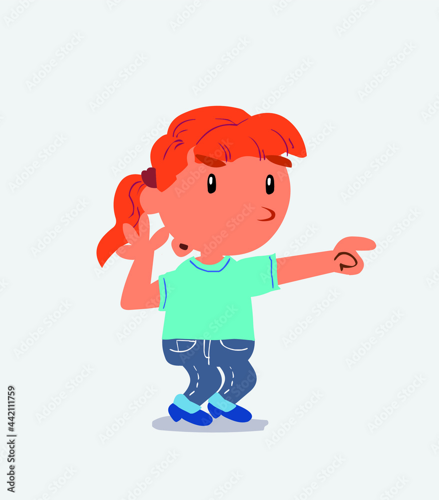 Surprised cartoon character of little girl on jeans points to something Surprised cartoon character of little girl on jeans points to something