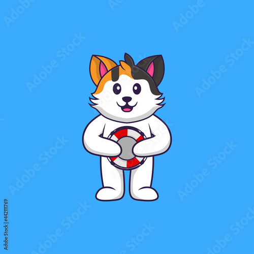 Cute cat holding a buoy. Animal cartoon concept isolated. Can used for t-shirt, greeting card, invitation card or mascot. Flat Cartoon Style © Turn