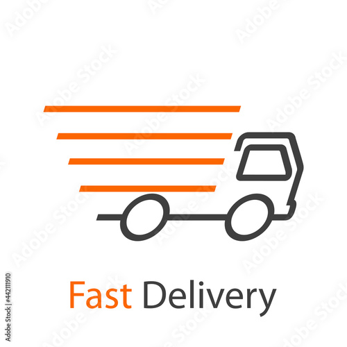 Logo con texto Fast Delivery con camión de transporte con lineas de velocidad en color gris y naranja