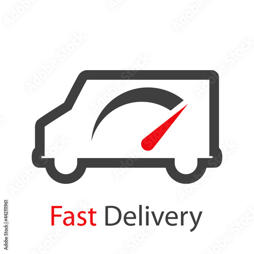 Logo con texto Fast Delivery con contorno de camión de transporte con velocímetro en color gris y rojo