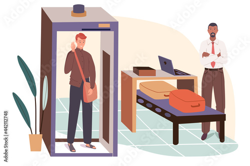 Airport web concept. Passenger at security control, goes through metal detector gate, officer inspects baggage on scanner tape. People scenes template. Vector illustration of characters in flat design