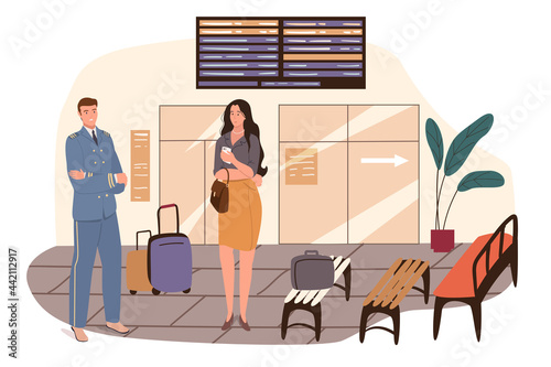 Airport web concept. Pilot is preparing for flight. Captain of plane with luggage and woman passenger standing waiting hall. People scenes template. Vector illustration of characters in flat design