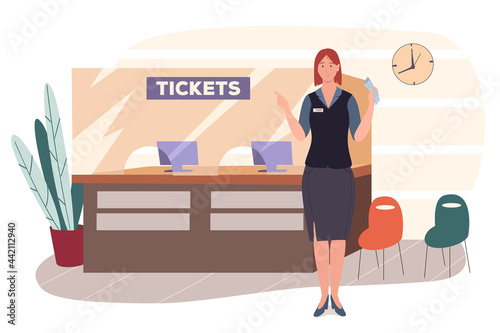 Airport web concept. Reservations and ticket sales counter or flight check-in counter. Airport staff work at reception office. People scenes template. Vector illustration of characters in flat design