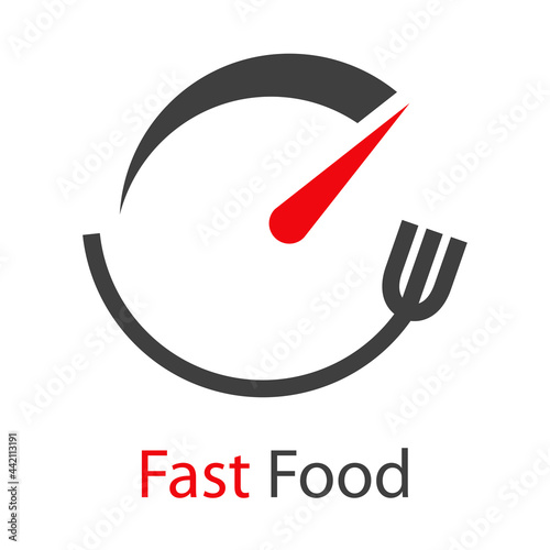 Logo con palabra Fast Food con velocímetro con tenedor con forma de circulo con lineas en color gris y rojo