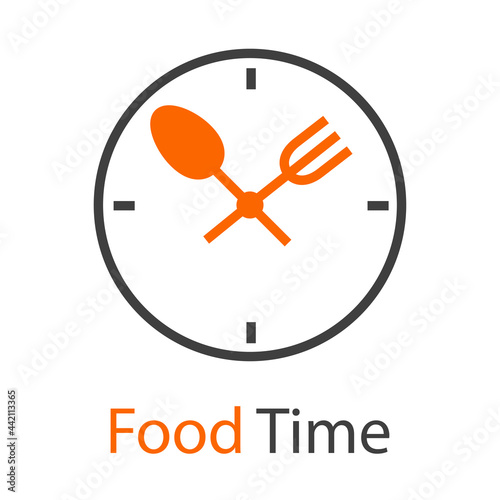 Logo con texto Food Time con reloj con tenedor y cuchara con forma de manecillas con lineas en color gris y naranja