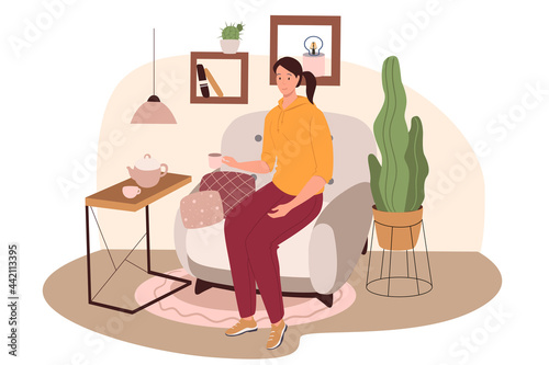 Modern comfortable interior of living room web concept. Woman drinking tea sitting in armchair, coffee table, plants, decor. People scenes template. Vector illustration of characters in flat design