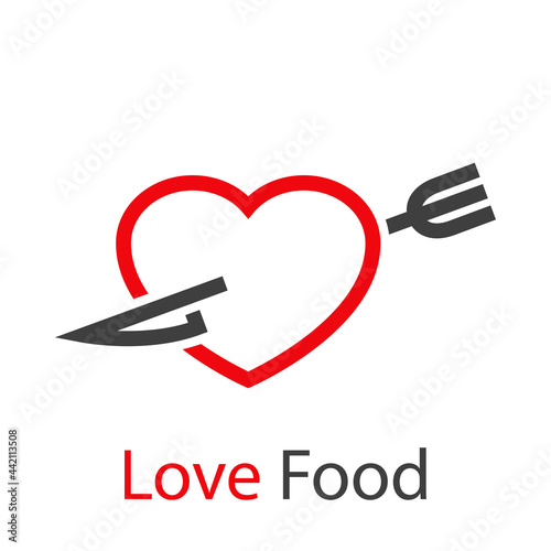Logo con texto Love Food con corazón con cuchillo y tenedor con forma de flecha con lineas en rojo y gris