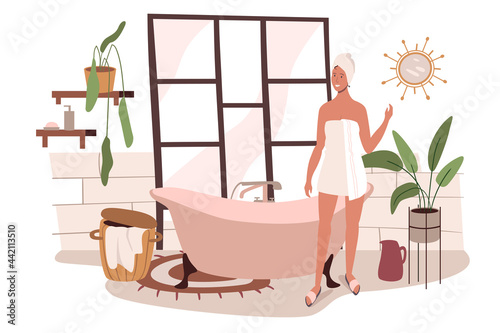 Modern comfortable interior of bathroom web concept. Woman taking bath in cozy room with bathtub, home decor and plants. People scenes template. Vector illustration of characters in flat design