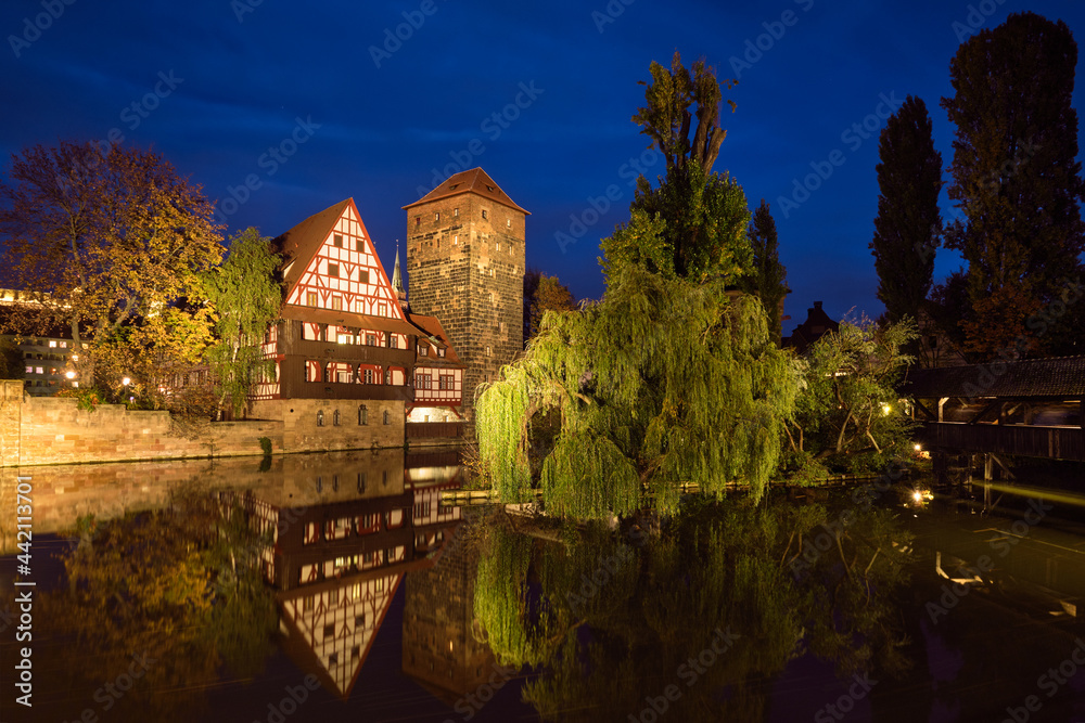 Nuremberg city houses on riverside of Pegnitz river. Nuremberg, Franconia, Bavaria, Germany