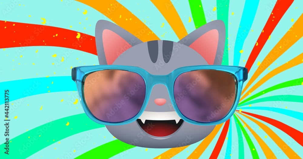 Composition of cat in glasses over vibrant stripes in background