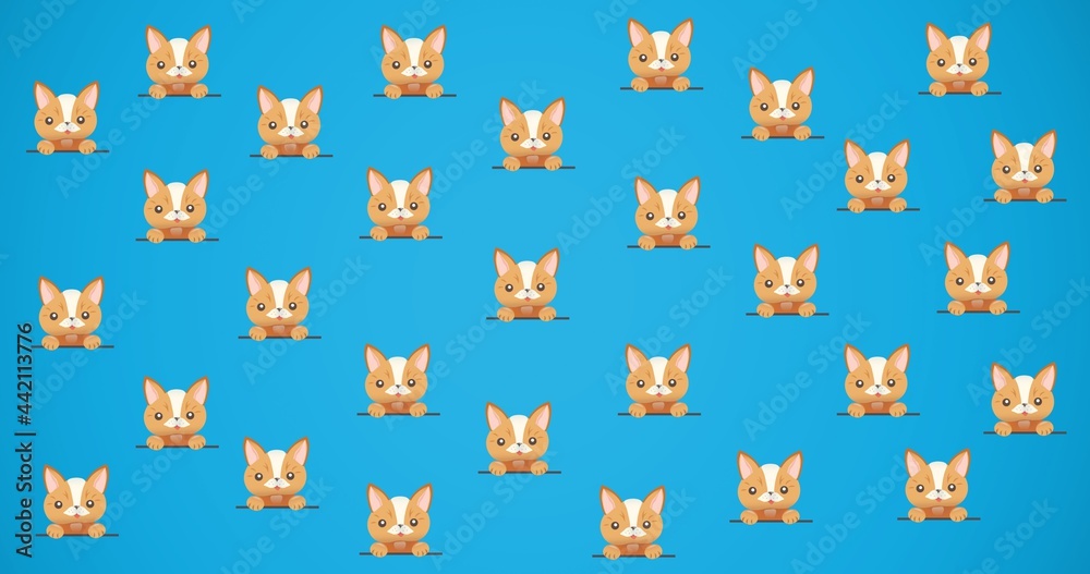 Composition of rows of cute cats on blue background