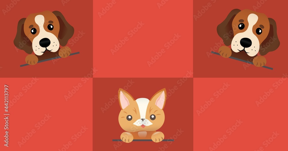 Composition of three dogs over red checkered background