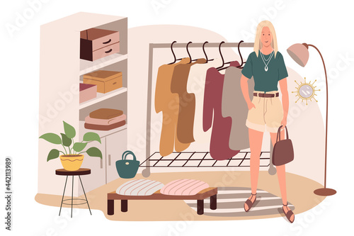 Modern comfortable interior of wardrobe room web concept. Woman stands in room with storage clothes, dresses on hangers, plant. People scenes template. Vector illustration of characters in flat design