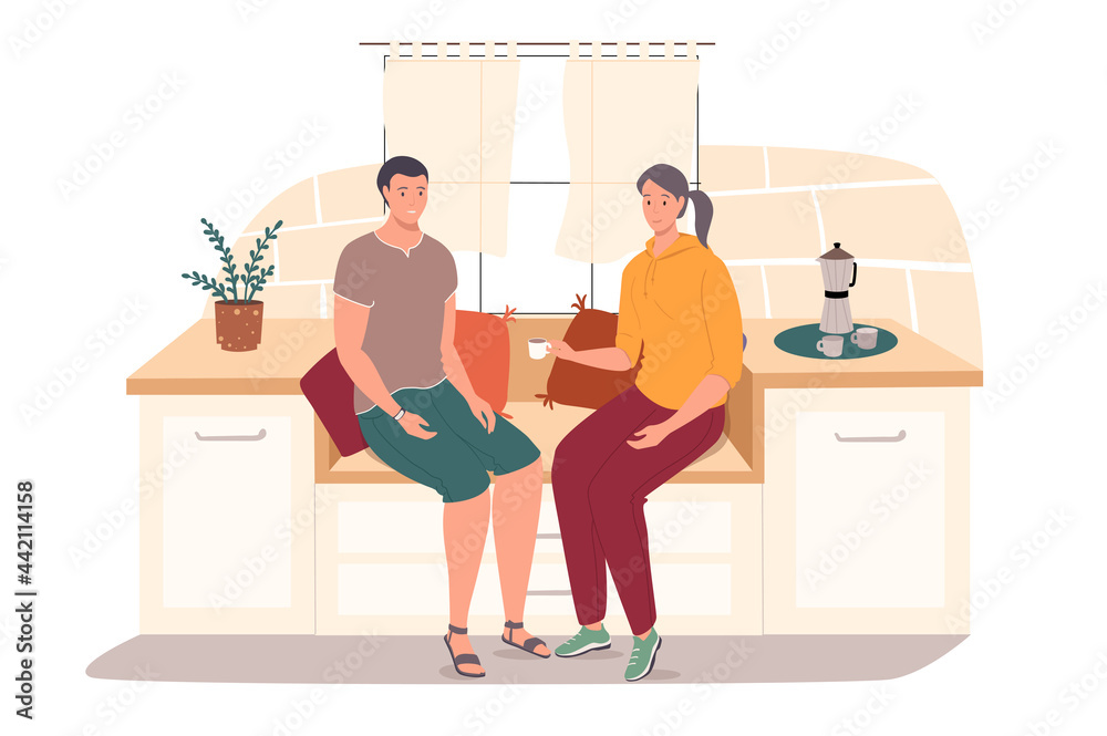 Couple drinking coffee in home kitchen web concept. Man and woman sitting on window seat talking and drinking hot beverage. People scenes template. Vector illustration of characters in flat design Couple drinking coffee in home kitchen web concept. Man and woman sitting on window seat talking and drinking hot beverage. People scenes template. Vector illustration of characters in flat design