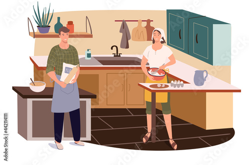 Couple cooking at home kitchen web concept. Man and woman in aprons preparing breakfast, dinner or homemade dishes together. People scenes template. Vector illustration of characters in flat design