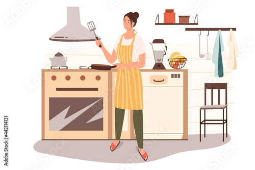 Woman cooks at home kitchen web concept. Housewife in aprons prepares breakfast, bakes pancakes in frying pan, homemade dishes. People scenes template. Vector illustration of characters in flat design