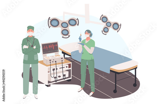 Medical office web concept. Surgeon and assistant prepare for operation, stand in surgical room with couch, monitoring system. People scenes template. Vector illustration of characters in flat design