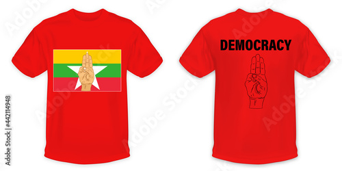 Three finger salute with Myanmar flag on red T-shirts isolated on white background as design template. vector illustration.