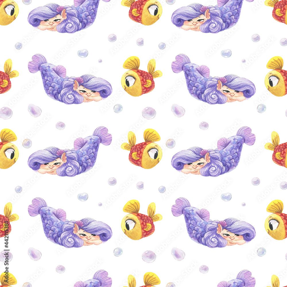 Obraz premium Seamless watercolor pattern with cute multiracial girls mermaids, sea elements, sea stars, fishes, flowers etc Girls Mermаids Pattern 