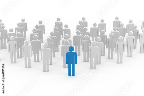 Leadership concept  blue leader man  standing out from the crowd  on white background. 3D Rendering