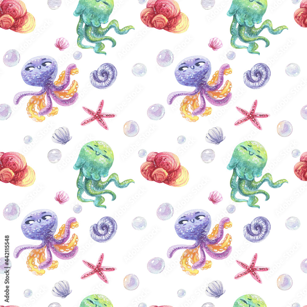 Fototapeta premium Seamless watercolor pattern with cute multiracial girls mermaids, sea elements, sea stars, fishes, flowers etc Girls Mermаids Pattern 