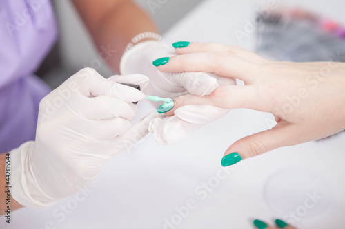 Cropped close up of professional manicurist painting nails of female client with nail gel