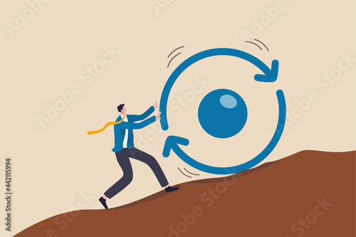 Consistency key to success, business strategy to repeatedly deliver work done, personal development or career growth concept, businessman pushing consistency circle symbol up hill with full effort. photo