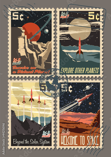 American Space Propaganda Postage stamps, Mid Century Modern Retro Future Illustrations Stylization, Spacecraft, Alien Planets, Spamp Imprints  