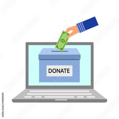 Online donation concept. Hand putting money in to the donation box on computer screen in flat design. Time for charity concept vector illustration.