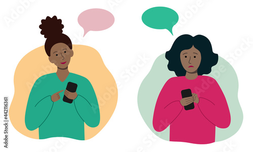Joyful or sad black womens holding a phone to texting, read news, chatting, play games. Pastime in social networks. Internet addiction. Person using gadget. Girl with smartphone. Isolated flat vector.