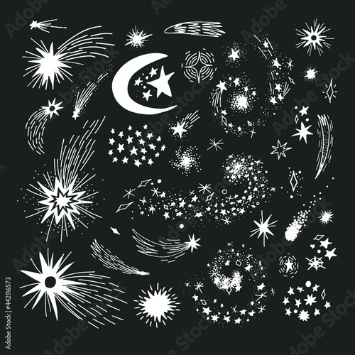 Hand drawn doodle stars constellations, star dust, meteorites, and comets vector collection