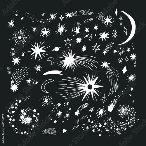 Hand drawn doodle stars constellations, star dust, meteorites, and comets vector collection
