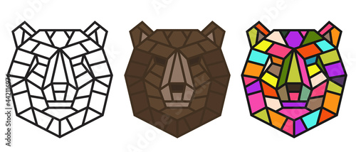 Collection silhouettes of bear head from lines in geometric polygonal style isolated on white background. Modern graphic design element for label, print or poster. Vector art illustration.