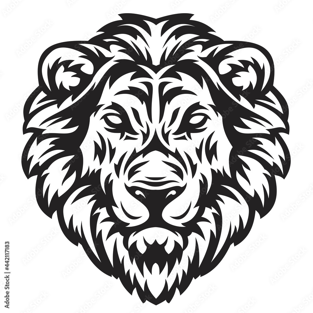 Lion head in hand drawn sketch monochrome style isolated on white background. Modern graphic design element for label or print. Vector art illustration.