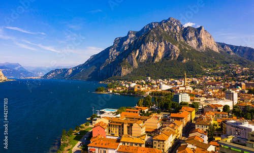 Aerial cityscape of Lecco and picturesque Como lake in Italy