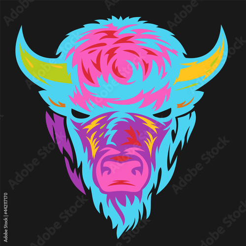 Buffalo head in hand drawn sketch color style isolated on black background. Modern pop art graphic design element for label or poster. Vector illustration.