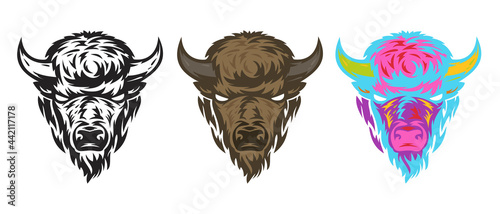 Collection buffalo head in hand drawn sketch style isolated on white background. Modern graphic design element for label or poster. Vector art illustration. photo