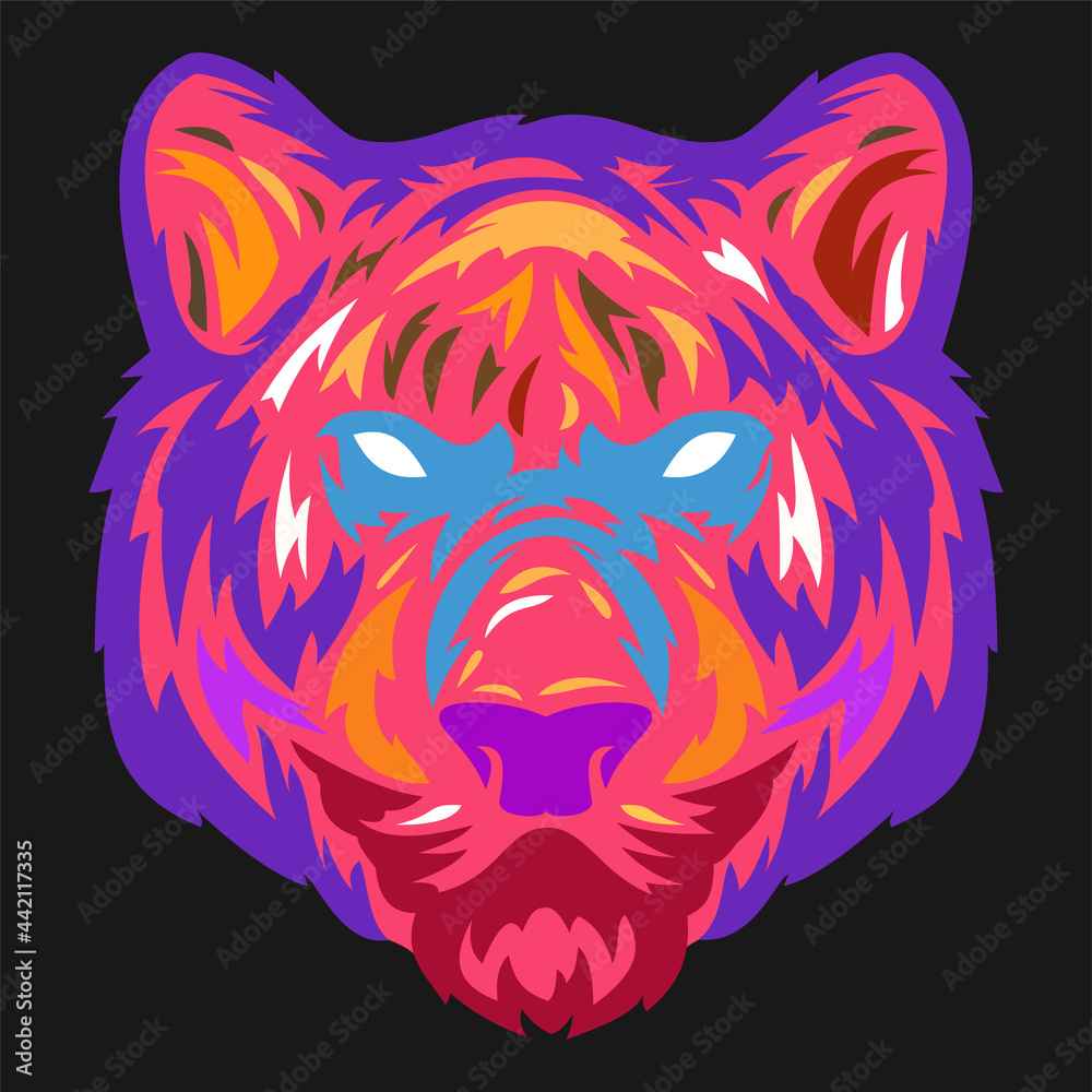 Tiger head in hand drawn sketch color style isolated on black background. Modern pop art graphic design element for label or poster. Vector illustration.