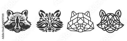 Collection silhouettes of raccoon head in monochrome different styles isolated on white background. Modern graphic design element for label, print or poster. Vector art illustration.
