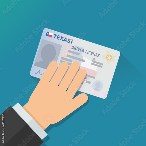 A hand presents a Texas driver's license on a blue background (flat design)