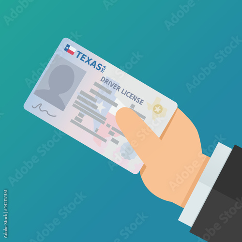 A hand presents a Texas driver's license on a blue background (flat design)