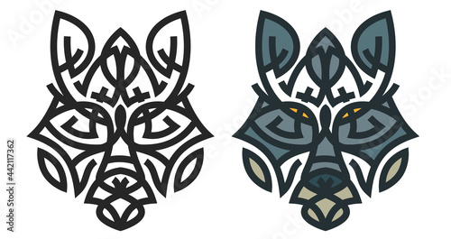 Set silhouettes of wolf head from lines in geometric style isolated on white background. Modern graphic design element for label or poster. Vector art illustration.