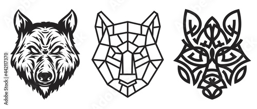 Collection silhouettes of wolf head in monochrome different styles isolated on white background. Modern graphic design element for label, print or poster. Vector art illustration.