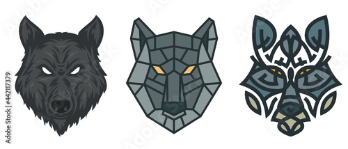 Collection silhouettes of wolf head in color different styles isolated on white background. Modern graphic design element for label, print or poster. Vector art illustration.