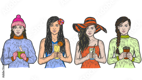Set of people with drinks, four seasons of the year. Sketch scratch board imitatio color.