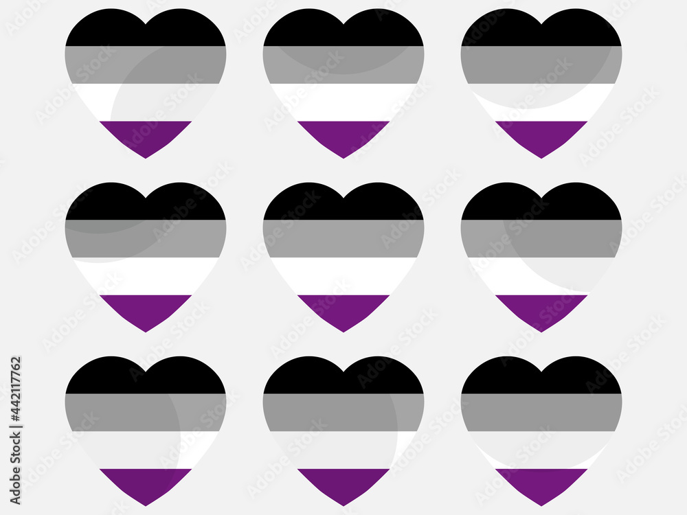 Hearts with Asexual flag, icon set. Asexual pride day. LGBT sexual minorities. Collection of icons of hearts isolated on white background for banner and poster. Vector illustration Hearts with Asexual flag, icon set. Asexual pride day. LGBT sexual minorities. Collection of icons of hearts isolated on white background for banner and poster. Vector illustration